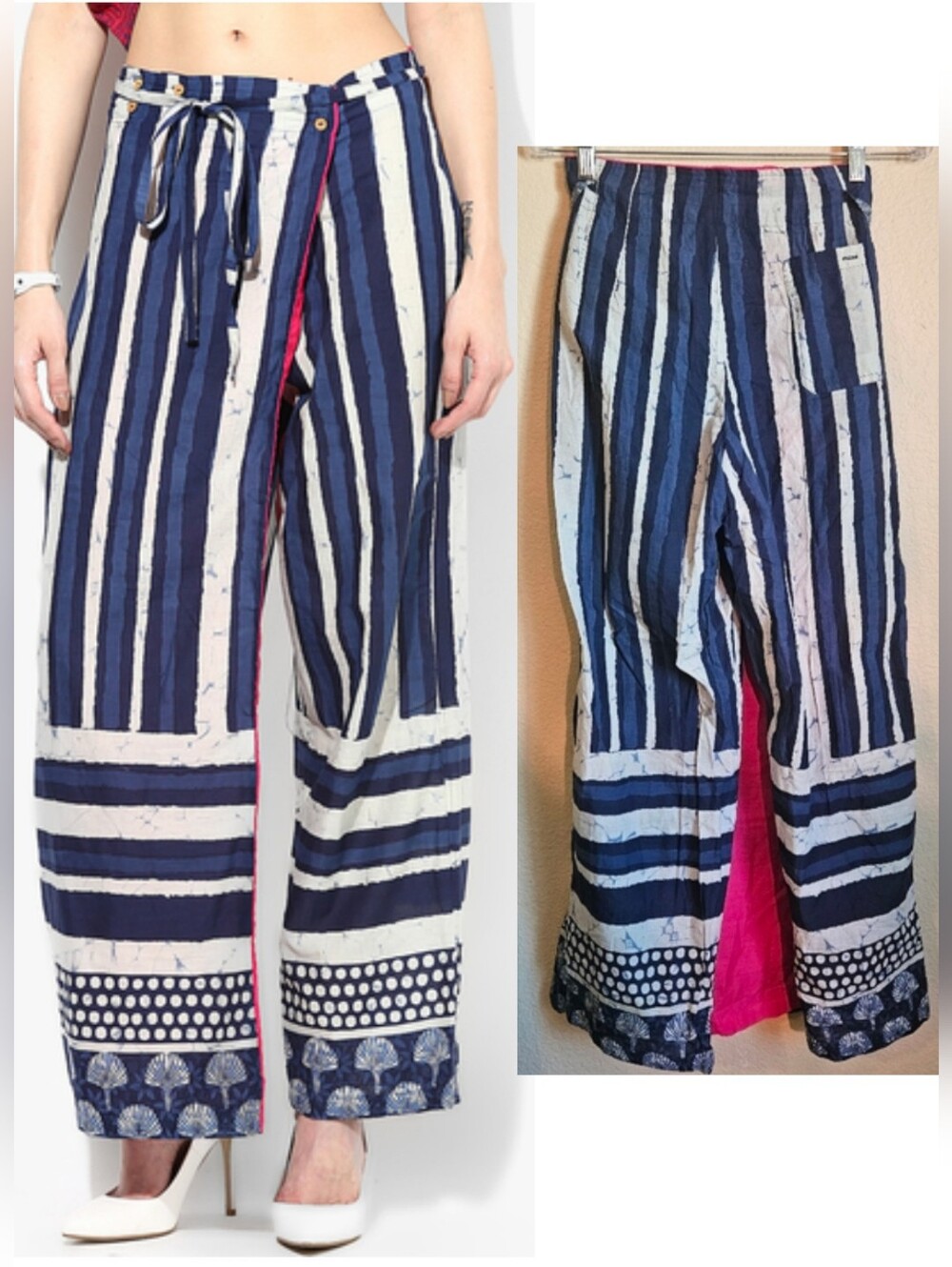 NWT Sangria Trousers M Mixed Striped Sea Shell Blue Hot Pink Boho Spring U-2256